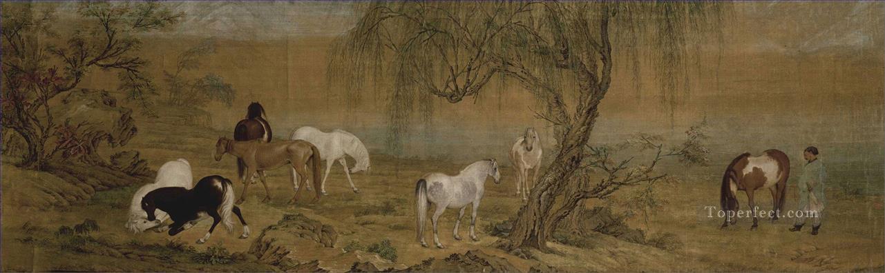 Lang shining horses in countryside old China ink Giuseppe Castiglione Oil Paintings